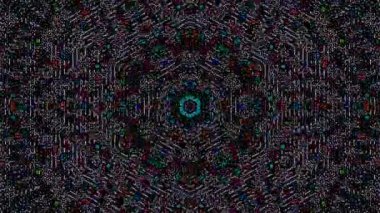 Canlandırılmış 3D soyut. Eğri çizgiler ve renkli ışık noktaları siyah arkaplan, pürüzsüz daire