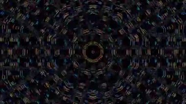 Canlandırılmış 3D soyut. Eğri çizgiler ve renkli ışık noktaları siyah arkaplan, pürüzsüz daire