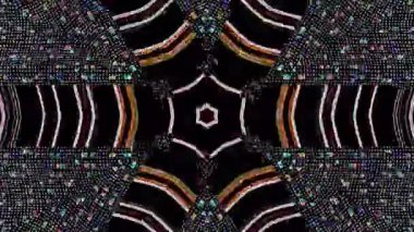 Canlandırılmış 3D soyut. Eğri çizgiler ve renkli ışık noktaları siyah arkaplan, pürüzsüz daire