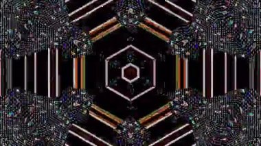 Canlandırılmış 3D soyut. Eğri çizgiler ve renkli ışık noktaları siyah arkaplan, pürüzsüz daire