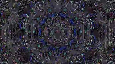 Canlandırılmış 3D soyut. Eğri çizgiler ve renkli ışık noktaları siyah arkaplan, pürüzsüz daire