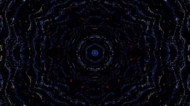 Canlandırılmış 3D soyut. Eğri çizgiler ve renkli ışık noktaları siyah arkaplan, pürüzsüz daire