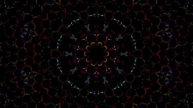 Animated digital abstract. Colorful curved and circular lines on black background, seamless loop