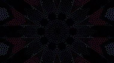 Soyut üç boyutlu animasyon. Siyah arkaplan üzerindeki eğri çizgiler mavi ışıklardan oluşan bir kaleydoskop, kusursuz daireler oluşturur.