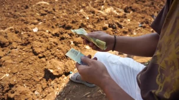 一个人的手在种植园的一个空地上数着一千卢比的钞票 — 图库视频影像