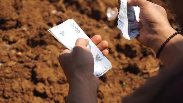 Mužské Ruce Počítají Dva Tisíce Rupiah Bankovek Otevřeném Prostranství Plantáži — Stock video