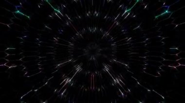 Animated digital abstract. Colorful curved and circular lines on black background, seamless loop