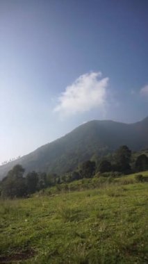 Güzel dikey görüntü portresi doğal manzara dağları doğal panorama tepeleri ve yüksek yeşil ağaçlardan oluşan orman ve bulutlu mavi gökyüzünün altında yeşil tarlalar.