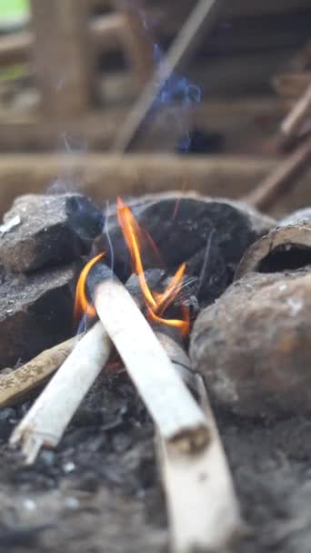 Φωτιά Καίει Καυσόξυλα Στην Πέτρινη Σόμπα Στην Καλύβα — Αρχείο Βίντεο
