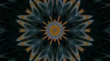 Kaleydoskop deseni tam renklerle. Sihirli mandala. 4k soyut arkaplan çizgileri hareket ettiriyor ve parlayan ışık noktalarıyla yanıp sönüyor. Çemberlerle canlandırma