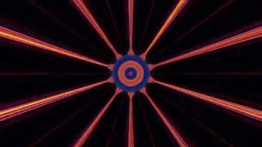 Kaleydoskop deseni tam renklerle. Sihirli mandala. 4k soyut arkaplan çizgileri hareket ettiriyor ve parlayan ışık noktalarıyla yanıp sönüyor. Çemberlerle canlandırma