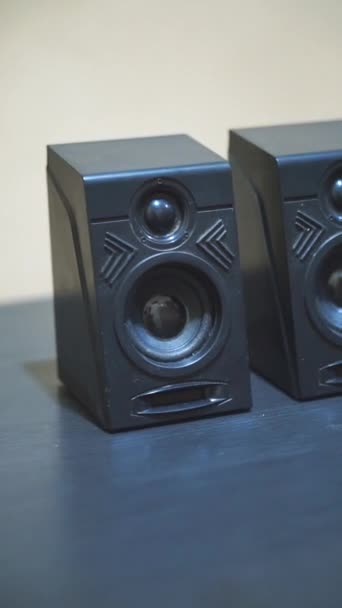 Siyah Hoparlörler Sol Sağ Stereo Bilgisayar Masasında — Stok video