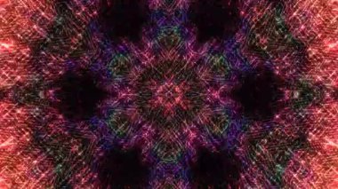 Soyut Kaleydoskop deseni tam renklerle. Sihirli mandala. 4k arka plan hareket eden çizgiler ve parlayan ışık noktaları. Çemberlerle canlandırma