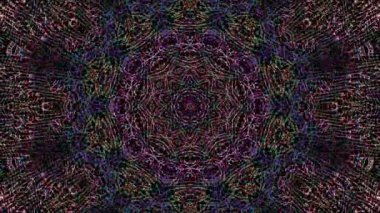 Soyut Kaleydoskop deseni tam renklerle. Sihirli mandala. 4k arka plan hareket eden çizgiler ve parlayan ışık noktaları. Çemberlerle canlandırma