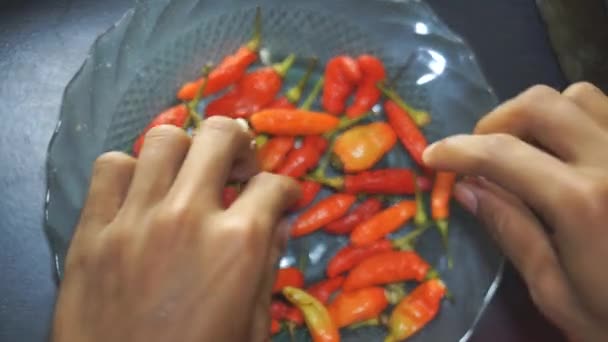 Man Cleaning Red Cayenne Peppers Hand — Stock Video