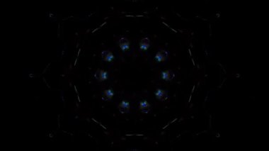 Soyut Kaleydoskop deseni tam renklerle. Sihirli mandala. 4k 'lık düz çizgi dalgaları, merkezdeki yuvarlak şekil üzerinde parıldayan ışık efekti, siyah arkaplan