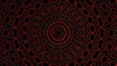 Soyut Kaleydoskop deseni tam renklerle. Sihirli mandala. 4k 'lık düz çizgi dalgaları, merkezdeki yuvarlak şekil üzerinde parıldayan ışık efekti, siyah arkaplan