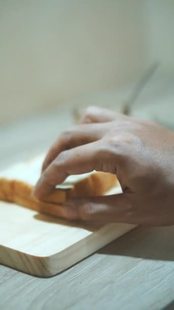 Beautiful Vertical Video Footage Cup Coffee Milk Bread Cutting Bread — 图库视频影像