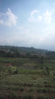 Doğal manzara dağları, doğal panorama tepeleri, ve uzun yeşil ağaçlardan oluşan ormanlar ve bulutlu mavi gökyüzünün altında yeşil tarlalar.