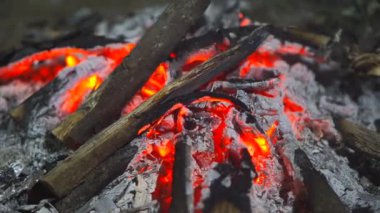 Geceleri kamp ateşinden yanan kızgın közler.