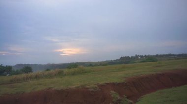 Gün batımında tarlada yeşil çimenler olan büyük bir bahçe.