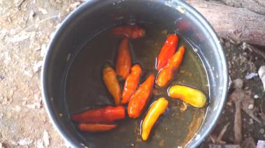 Portatif soba kullanarak kızartma tavasında acı biber kızartmak.