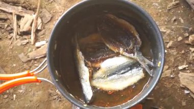 Portatif soba kullanarak kızartma tavasında tuzlanmış balık.