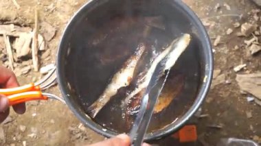 Portatif soba kullanarak kızartma tavasında tuzlanmış balık.