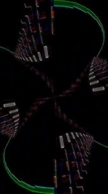 3D animasyon dikey güzel video soyut parlak ışık enerjisi 4K soyut çizgiler merkezde parlayan renkli ışık, siyah arkaplan