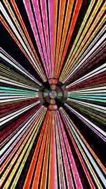 3D animasyon dikey güzel video soyut parlak ışık enerjisi 4K soyut çizgiler merkezde parlayan renkli ışık, siyah arkaplan