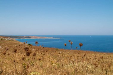 İtalya, Otranto 'daki Sant' Emiliano kulesinin kuzeyindeki Salento sahili. İyon deniz kıyısının güzel kayalık manzarası.