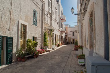 Castro, İtalya. 07 02 2019. Giuseppe Garibaldi Caddesi, gün batımında. Geleneksel mimarisi olan ev ve hostellerin girişlerinin güzel saksı çiçekleriyle süslendiği dar bir sokak..