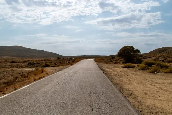 Secondary road running through a desert landscape on a hot summer day. Road that connects Agua Amarga with the Fernan Perez district in Almeria, Spain.