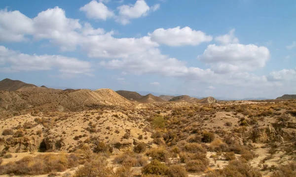 Tabernas, Almeria, İspanya civarındaki çöl manzarası. Tepelerden ve küçük bitki örtüsü olan derin vadilerden oluşan çorak bir arazi. Bulutlu yaz günü.