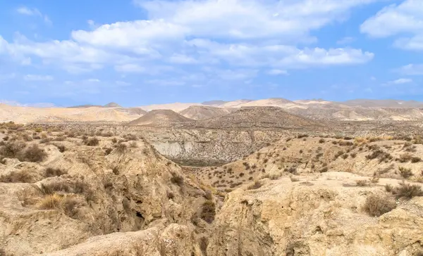 Tabernas, Almeria, İspanya civarındaki çöl manzarası. Tepelerden ve küçük bitki örtüsü olan derin vadilerden oluşan çorak bir arazi. Bulutlu yaz günü.