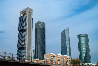 Madrid Spain. 10 12 2019. Skyscrapers of the financial district north of Madrid. Cuatro Torres Business Area (CTBA) from Agustin de Foxa street next to the Chamartin train station. clipart