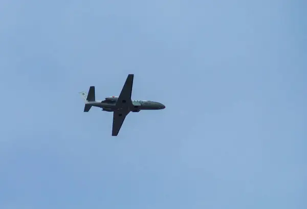 stock image Madrid Spain. 10 12 2019. Cessna Citation V airplane (For aerial photography). Military and emergency service aircraft flying in the Columbus Day military parade in Madrid.