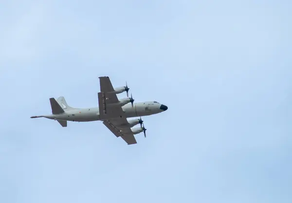 stock image Madrid Spain. 10 12 2019. Lockheed P.3 Orion Maritime Surveillance Aircraft. Military and emergency service aircraft flying in the Columbus Day military parade in Madrid.