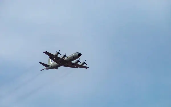 stock image Madrid Spain. 10 12 2019. Lockheed P.3 Orion Maritime Surveillance Aircraft. Military and emergency service aircraft flying in the Columbus Day military parade in Madrid.