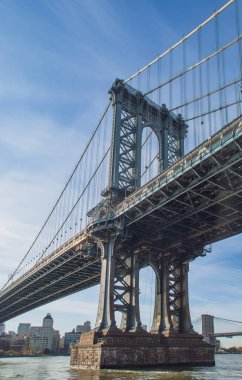 Aynı isimdeki adanın kıyısından Manhattan Köprüsü. Arka planda, Brooklyn 'in doğu nehrinin kıyısındaki binaları. New York, ABD, 2019.