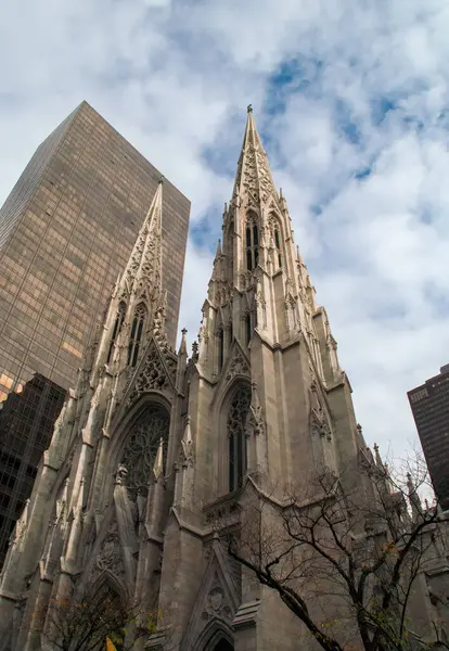 Sonbaharda New York 'taki St. Patrick Katedrali' nin cephesi, ABD. Beşinci Cadde 'deki katedralin Gotik tarzının mimari detayları..