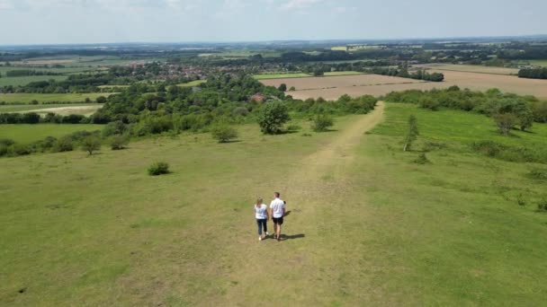 Drone Shot Mature Couple Walking Pet Dog Beautiful English Countryside — Stock videók