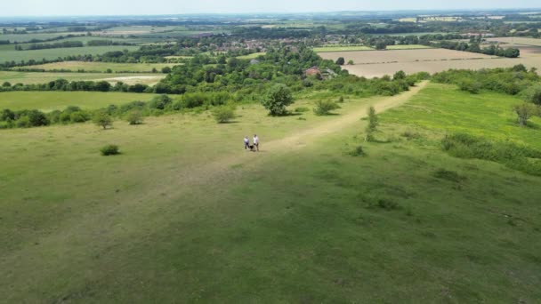Drone Shot Mature Couple Walking Pet Dog Beautiful English Countryside — Video