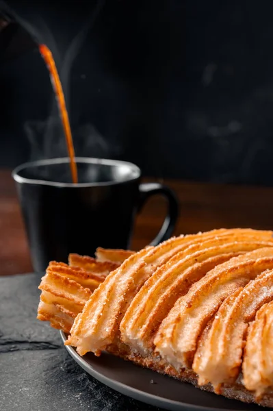 Crunchy Churros Freshly Brewed Coffee Sweet Morning Delig — Stock Photo, Image