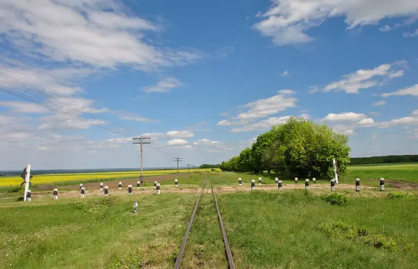 Uzaklara uzanan eski bir demiryolu ile güzel bir kırsal alan.