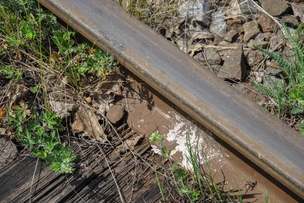 Eski paslı raylar yakın plan. seçici odak