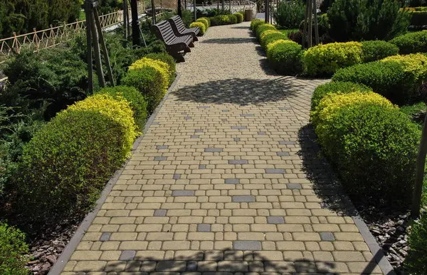 Manzaralı bir parktaki banklarla yürüme yolu