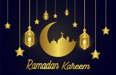 Ramazan Kareem tasarlıyor. Kutsal Ramazan ayı kutlamaları için arka planda altın ay ve fener bulunan Ramazan illüstrasyonları.