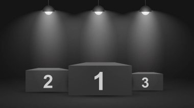 Sahne ışıklarıyla kazanan podyum. Vektör illüstrasyonu.