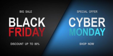 Black Friday and cyber Monday long banner. Super sale at the end of the season. Special offer concept vector illustration. clipart